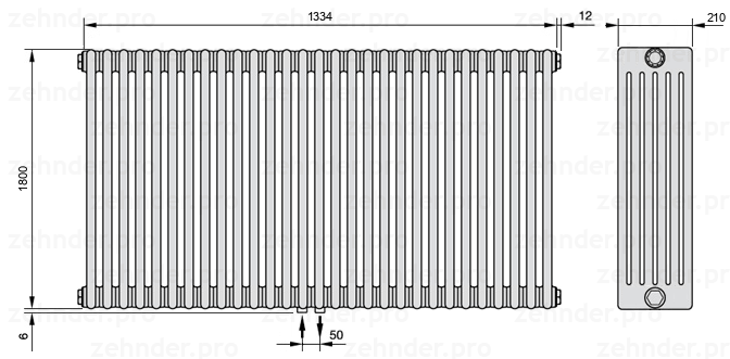 Схема (чертеж) Радиатор Zehnder Charleston 6180/29 №3470 Белый глянцевый RAL 9016